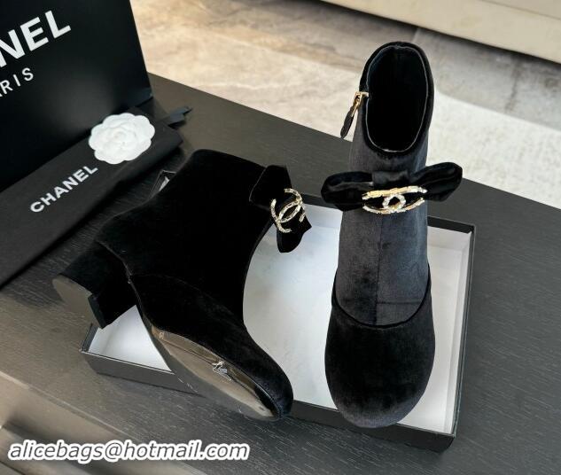 Unique Style Chanel Velvet Heel Ankle Boots with Strass CC Bow Black 1121016