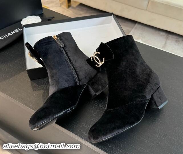 Unique Style Chanel Velvet Heel Ankle Boots with Strass CC Bow Black 1121016