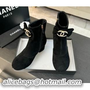 Good Looking Chanel Suede Heel Ankle Boots with Strass CC Bow Black 1121017