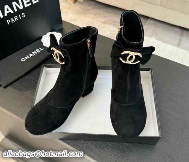 Good Looking Chanel Suede Heel Ankle Boots with Strass CC Bow Black 1121017