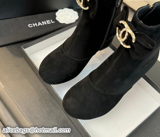 Good Looking Chanel Suede Heel Ankle Boots with Strass CC Bow Black 1121017