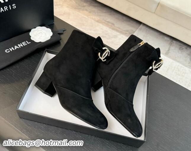 Good Looking Chanel Suede Heel Ankle Boots with Strass CC Bow Black 1121017