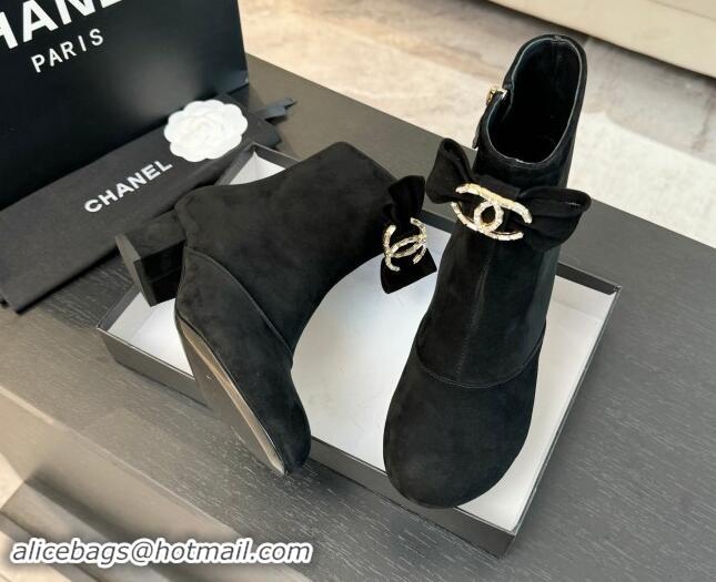 Good Looking Chanel Suede Heel Ankle Boots with Strass CC Bow Black 1121017