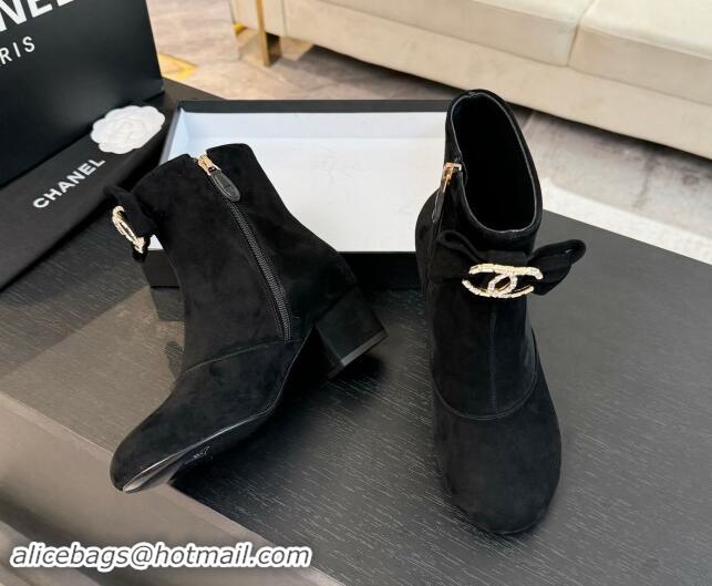 Good Looking Chanel Suede Heel Ankle Boots with Strass CC Bow Black 1121017