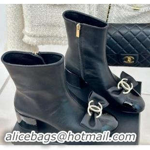 Good Quality Chanel Lambskin Heel Ankle Boots 7cm with Strass CC Bow Black 121018