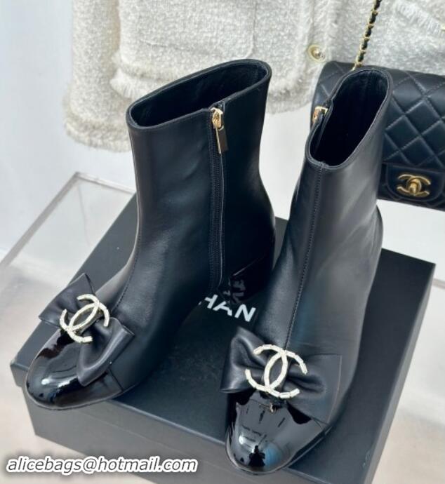 Good Quality Chanel Lambskin Heel Ankle Boots 7cm with Strass CC Bow Black 121018