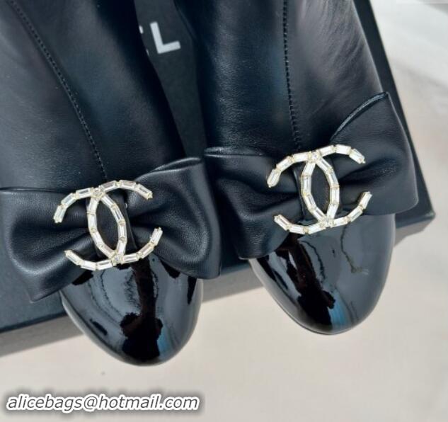 Good Quality Chanel Lambskin Heel Ankle Boots 7cm with Strass CC Bow Black 121018