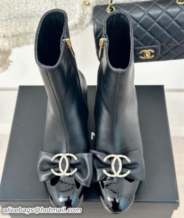 Good Quality Chanel Lambskin Heel Ankle Boots 7cm with Strass CC Bow Black 121018