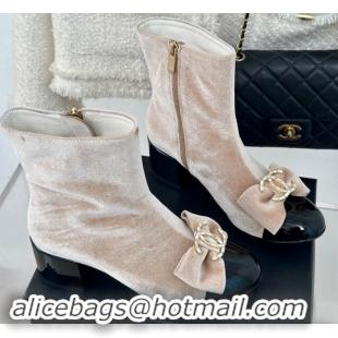 Hot Style Chanel Velvet Heel Ankle Boots with Strass CC Bow Light Beige 1121019