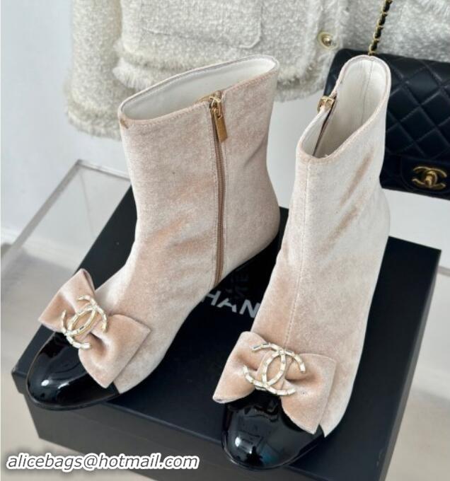 Hot Style Chanel Velvet Heel Ankle Boots with Strass CC Bow Light Beige 1121019