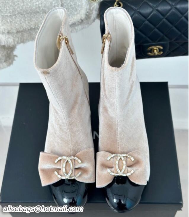 Hot Style Chanel Velvet Heel Ankle Boots with Strass CC Bow Light Beige 1121019