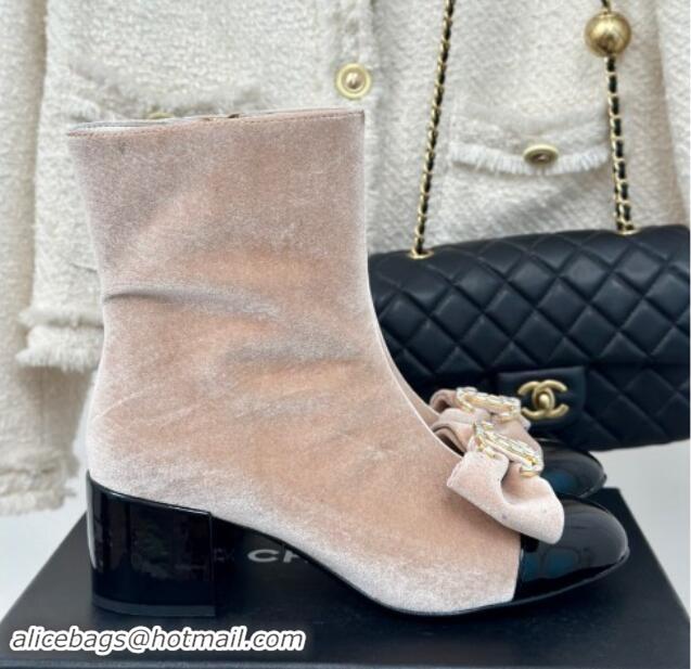 Hot Style Chanel Velvet Heel Ankle Boots with Strass CC Bow Light Beige 1121019