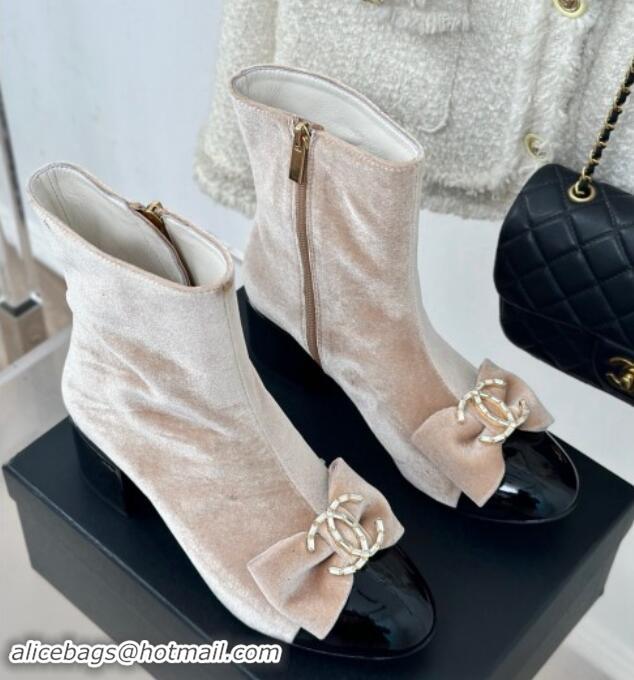 Hot Style Chanel Velvet Heel Ankle Boots with Strass CC Bow Light Beige 1121019