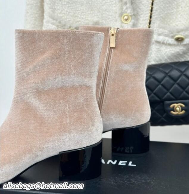 Hot Style Chanel Velvet Heel Ankle Boots with Strass CC Bow Light Beige 1121019