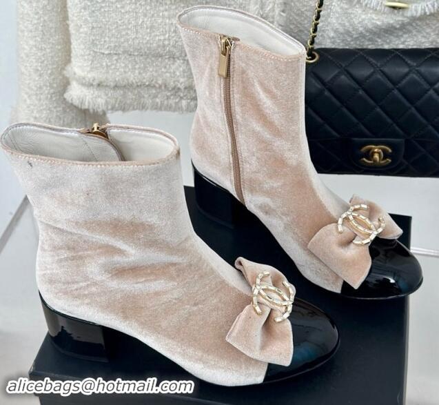 Hot Style Chanel Velvet Heel Ankle Boots with Strass CC Bow Light Beige 1121019