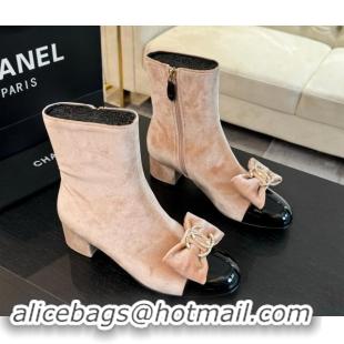 Sophisticated Chanel Velvet Heel Ankle Boots with Strass CC Bow Peachy Pink 1121020