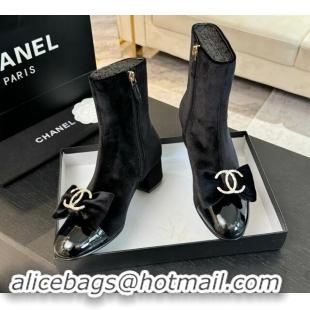 Best Product Chanel Velvet Heel Ankle Boots with Strass CC Bow Black 1121021