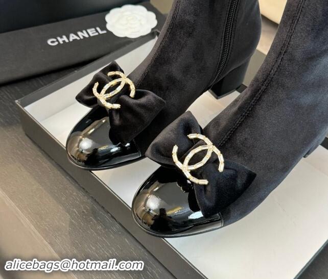 Best Product Chanel Velvet Heel Ankle Boots with Strass CC Bow Black 1121021