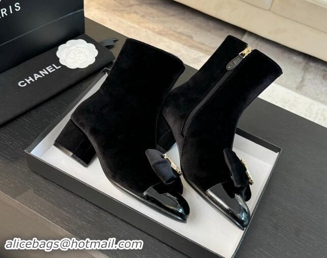 Best Product Chanel Velvet Heel Ankle Boots with Strass CC Bow Black 1121021