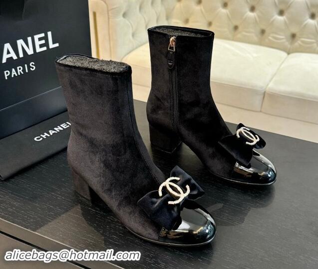 Best Product Chanel Velvet Heel Ankle Boots with Strass CC Bow Black 1121021