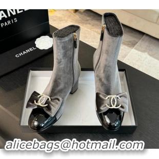 Stylish Chanel Velvet Heel Ankle Boots with Strass CC Bow Grey 121022