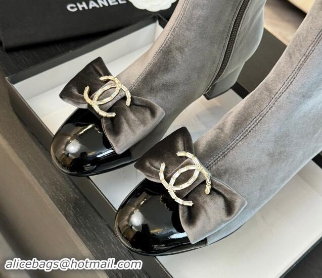 Stylish Chanel Velvet Heel Ankle Boots with Strass CC Bow Grey 121022