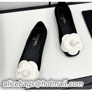 Sumptuous Chanel Suede Ballet Flats with Camellia Bloom Black/White 121023