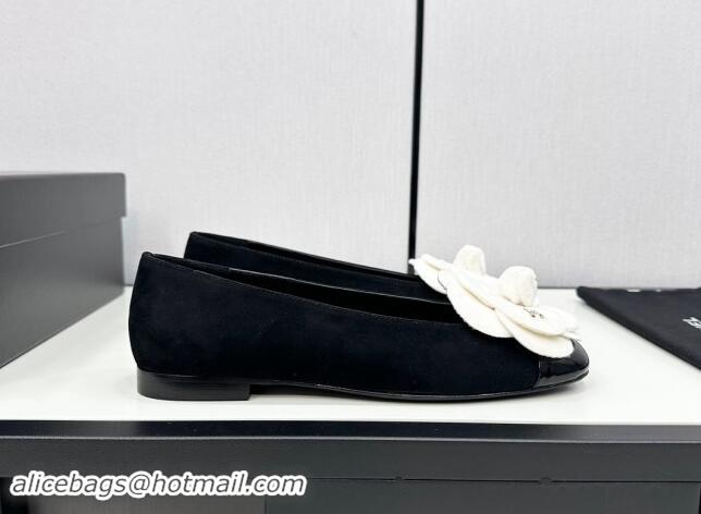 Sumptuous Chanel Suede Ballet Flats with Camellia Bloom Black/White 121023