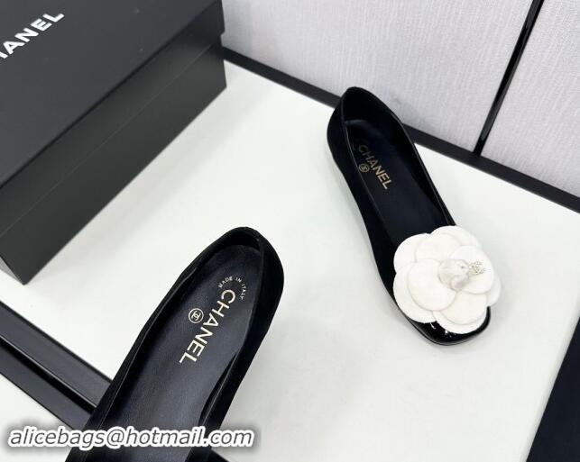 Sumptuous Chanel Suede Ballet Flats with Camellia Bloom Black/White 121023