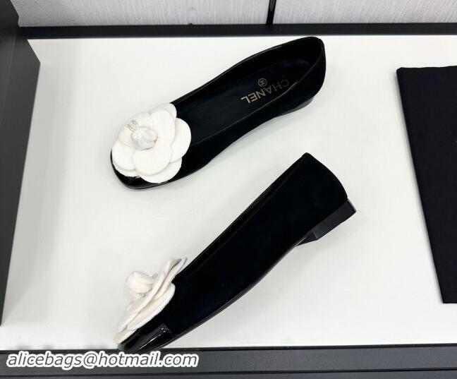 Sumptuous Chanel Suede Ballet Flats with Camellia Bloom Black/White 121023