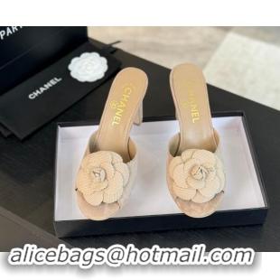 Perfect Chanel Suede Heel Slides Sandal 8cm with Camellia Bloom Beige 1121027