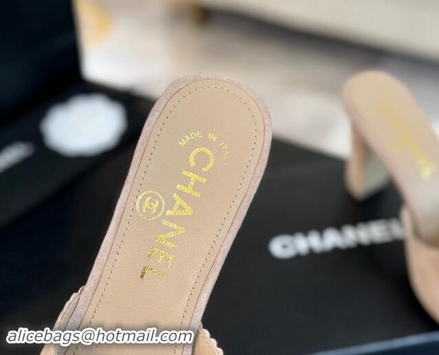 Perfect Chanel Suede Heel Slides Sandal 8cm with Camellia Bloom Beige 1121027