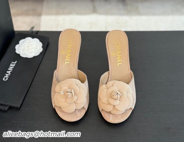 Perfect Chanel Suede Heel Slides Sandal 8cm with Camellia Bloom Beige 1121027