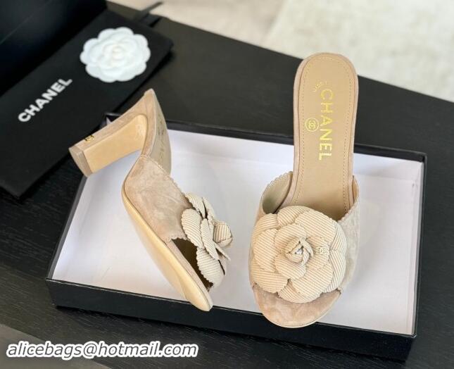 Perfect Chanel Suede Heel Slides Sandal 8cm with Camellia Bloom Beige 1121027