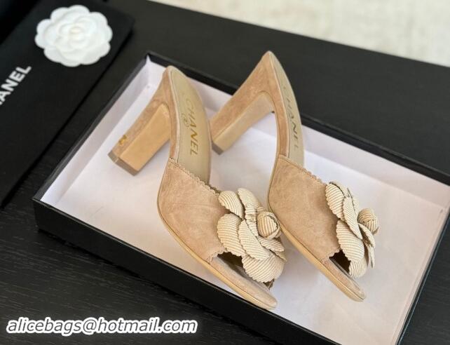 Perfect Chanel Suede Heel Slides Sandal 8cm with Camellia Bloom Beige 1121027