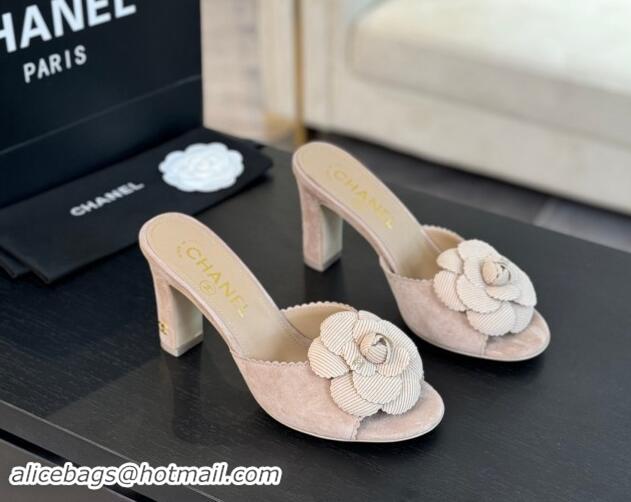 Perfect Chanel Suede Heel Slides Sandal 8cm with Camellia Bloom Beige 1121027