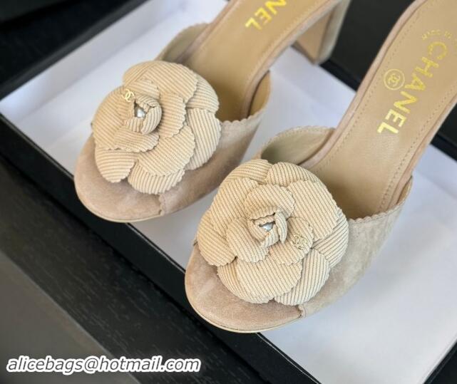 Perfect Chanel Suede Heel Slides Sandal 8cm with Camellia Bloom Beige 1121027