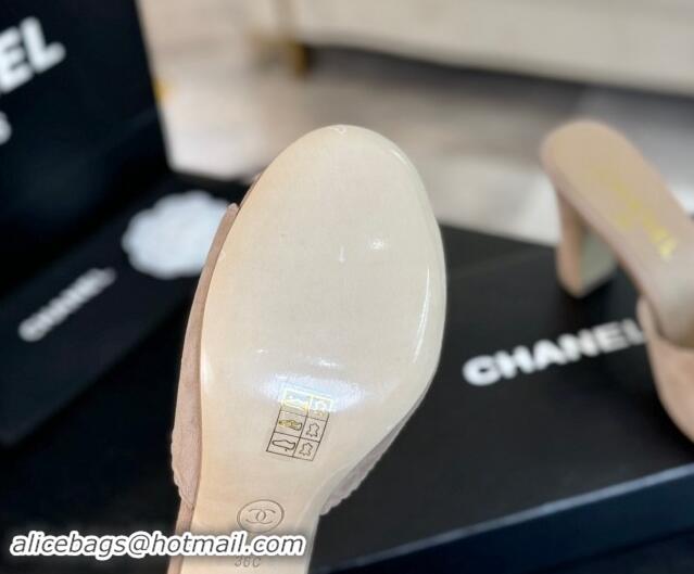 Perfect Chanel Suede Heel Slides Sandal 8cm with Camellia Bloom Beige 1121027