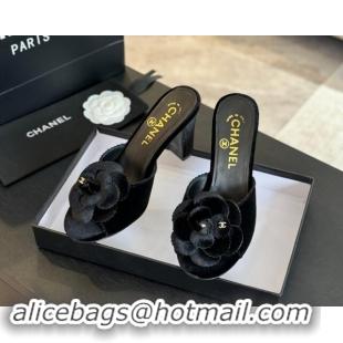 Pretty Style Chanel Velvet Heel Slides Sandal 8cm with Camellia Bloom Black 1121028