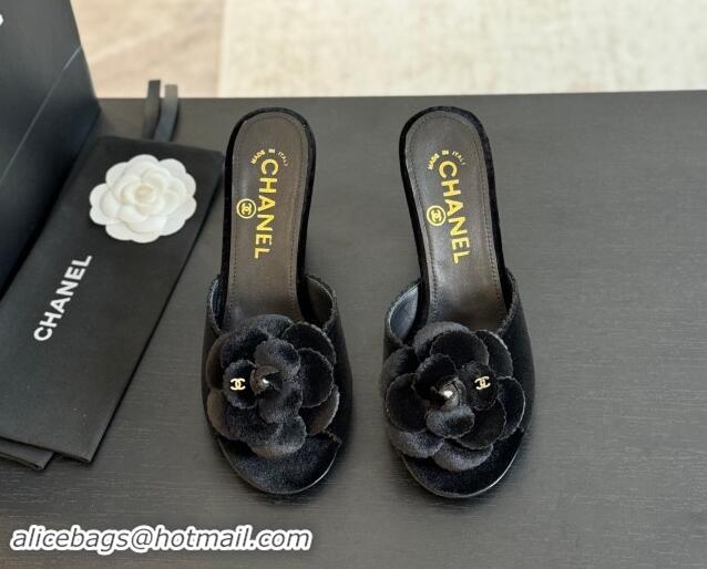 Pretty Style Chanel Velvet Heel Slides Sandal 8cm with Camellia Bloom Black 1121028