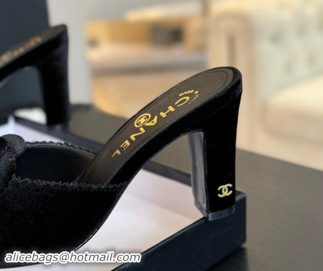 Pretty Style Chanel Velvet Heel Slides Sandal 8cm with Camellia Bloom Black 1121028