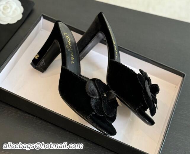 Pretty Style Chanel Velvet Heel Slides Sandal 8cm with Camellia Bloom Black 1121028