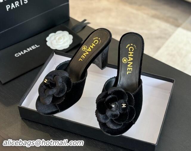 Pretty Style Chanel Velvet Heel Slides Sandal 8cm with Camellia Bloom Black 1121028