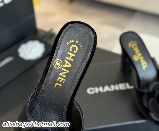 Pretty Style Chanel Velvet Heel Slides Sandal 8cm with Camellia Bloom Black 1121028