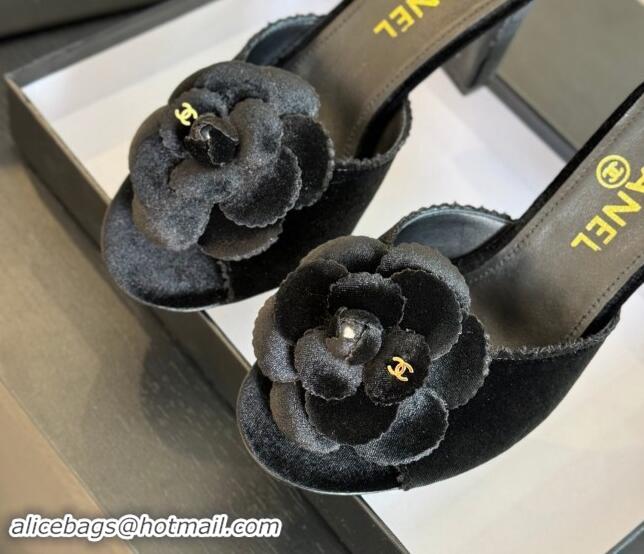 Pretty Style Chanel Velvet Heel Slides Sandal 8cm with Camellia Bloom Black 1121028