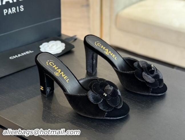 Pretty Style Chanel Velvet Heel Slides Sandal 8cm with Camellia Bloom Black 1121028