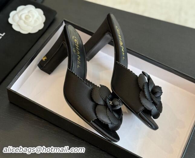 Grade Quality Chanel Satin Heel Slides Sandal 8cm with Camellia Bloom Black 1121029