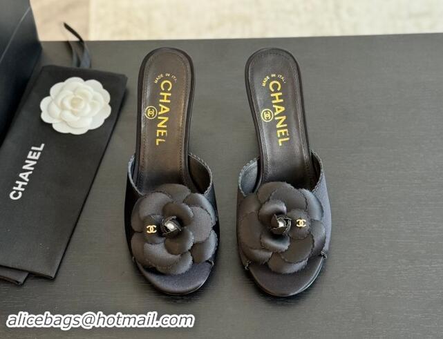 Grade Quality Chanel Satin Heel Slides Sandal 8cm with Camellia Bloom Black 1121029