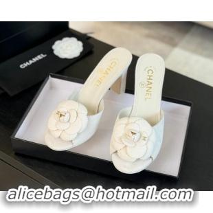 Top Grade Chanel Suede Heel Slides Sandal 8cm with Camellia Bloom White 1121030