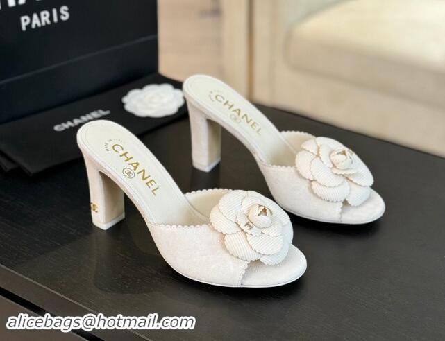 Top Grade Chanel Suede Heel Slides Sandal 8cm with Camellia Bloom White 1121030